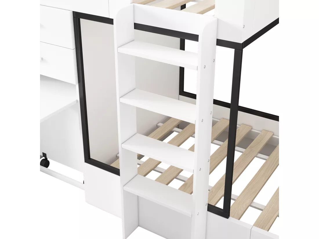 Lit superposé multifonctionnel - 2x90x200 cm- avec armoire et un bureau coulissant - Blanc (sans matelas)