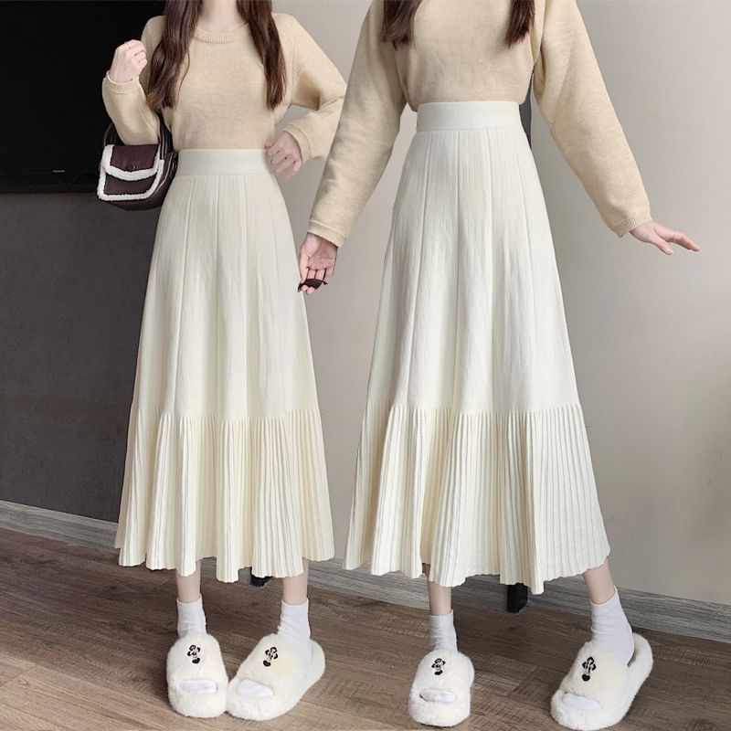 Luminato - Effen midi-A-lijn gebreide rok met elastische taille