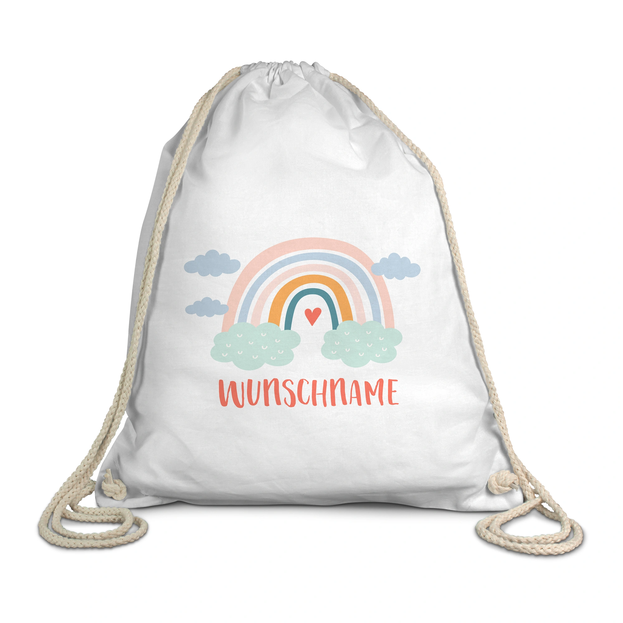 Stoff-Turnbeutel mit Namen, weiß (Motiv: Regenbogen)