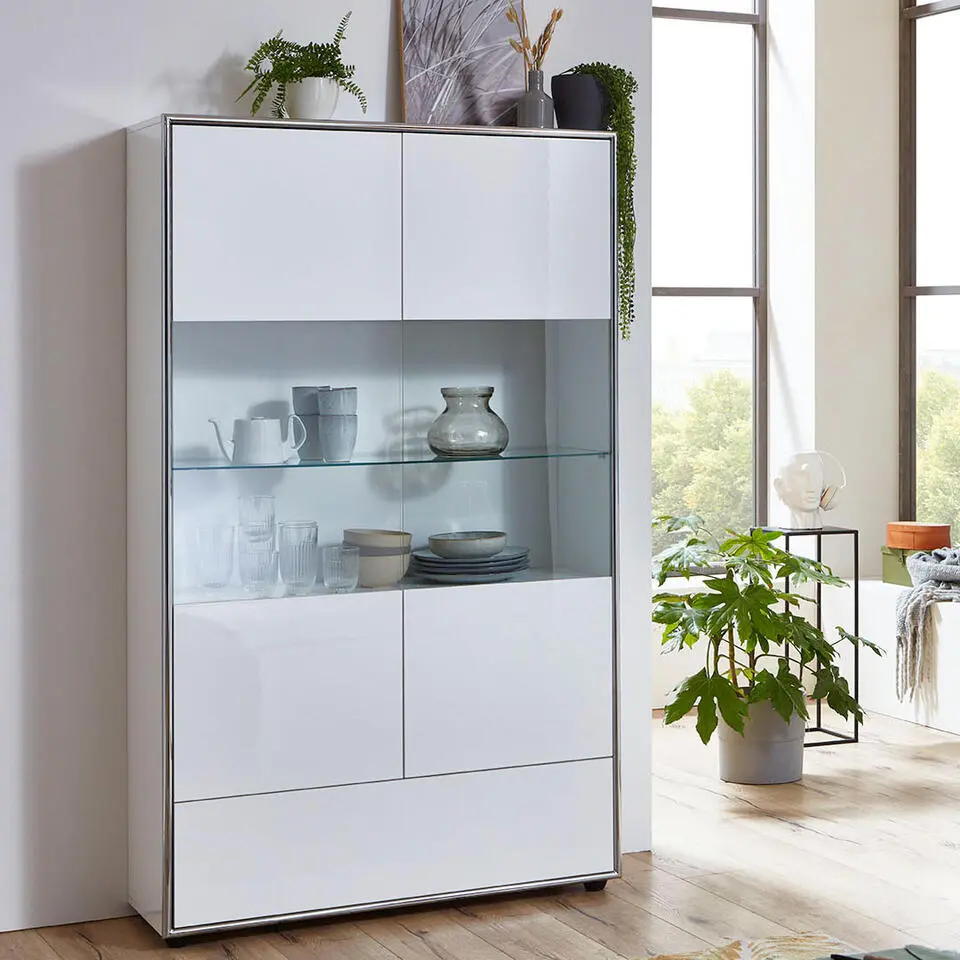 Hioshop Kenan vitrinekast 2 deuren- 1 lade wit hoogglans gelakt