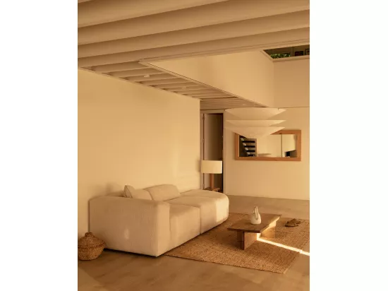 Canapé 5/6 places 3 modules avec courbe à droite en bouclé beige