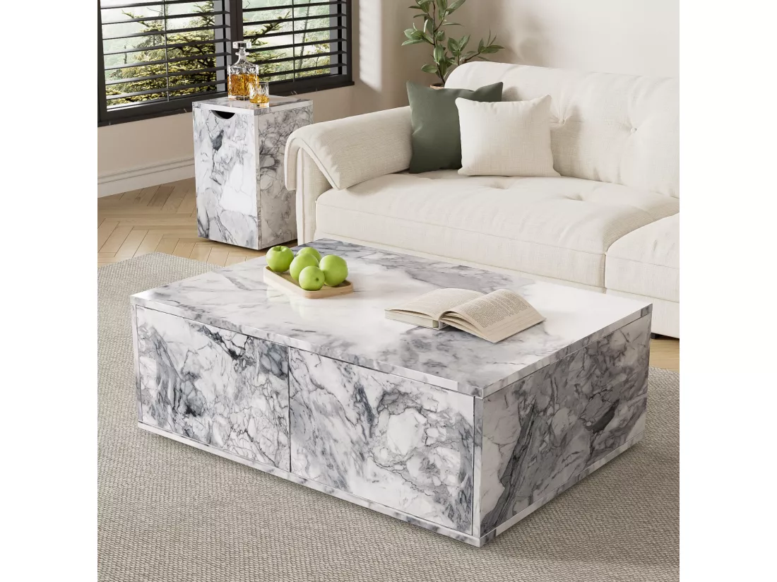 Lot de 2 table basse fixe, table basse modulaire effet marbre avec table d'appoint de canapé et balcon, blanc