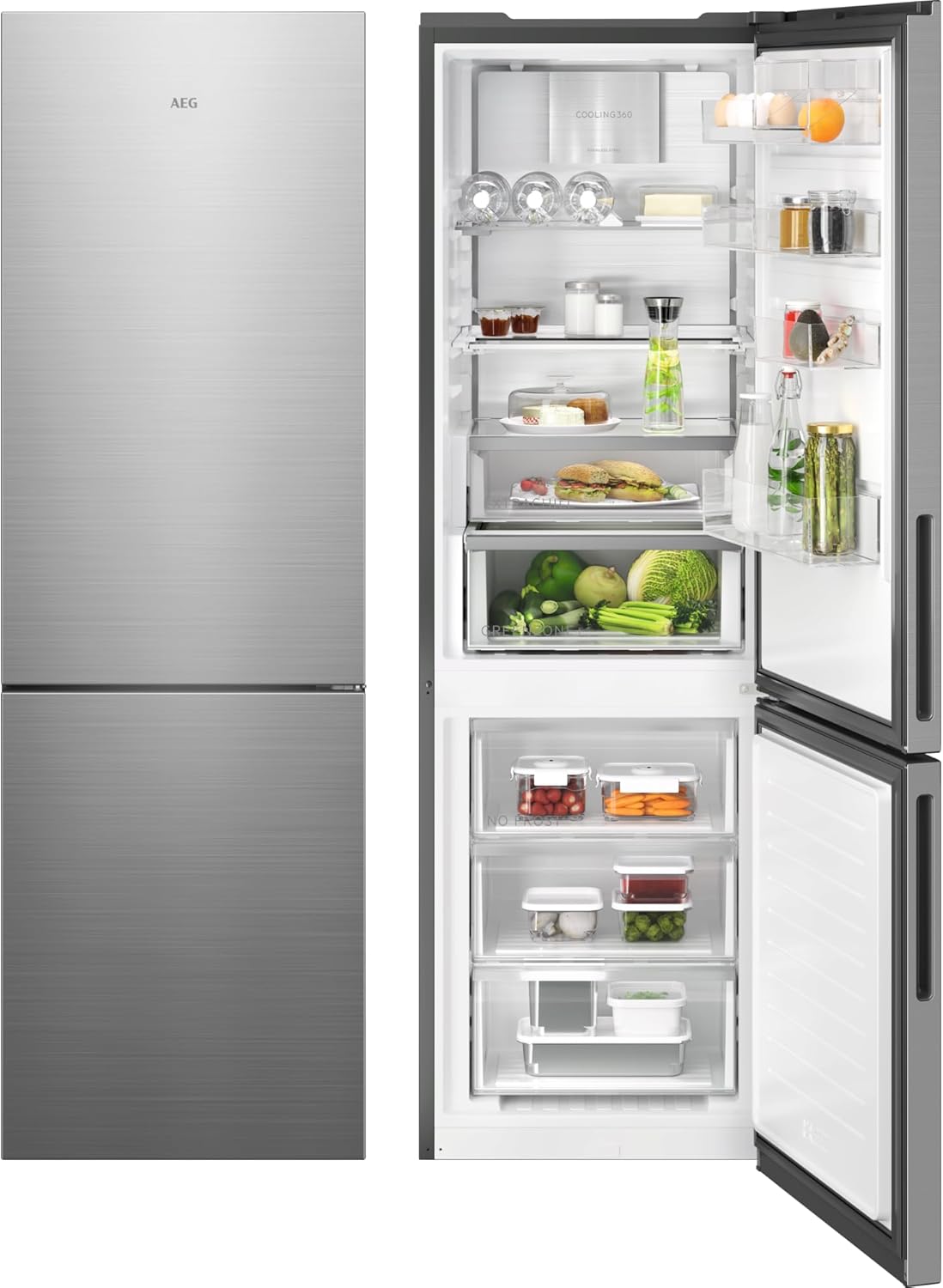 AEG 8000 Cooling 360° / Freistehende Kühl-Gefrierkombination/WiFi-Vernetzung / 1870 mm / 328 L/CustomFlex – flexibles Türablagesystem/NoFrost ORC8M321CX Gebürstetes Edelstahl