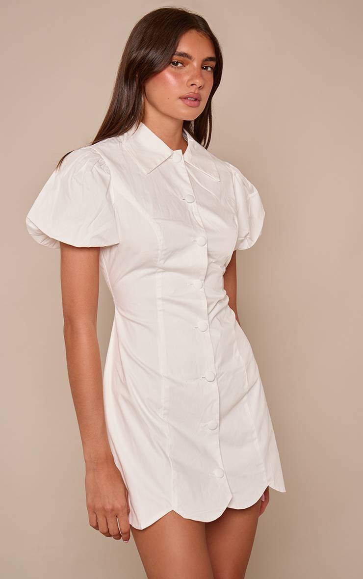 Blanc Robe Mini À Manches Bouffantes Et Boutonnage Devant