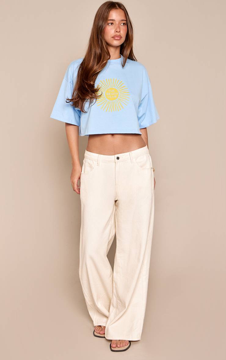 Bleu T-shirt Court En Coton À Imprimé Soleil