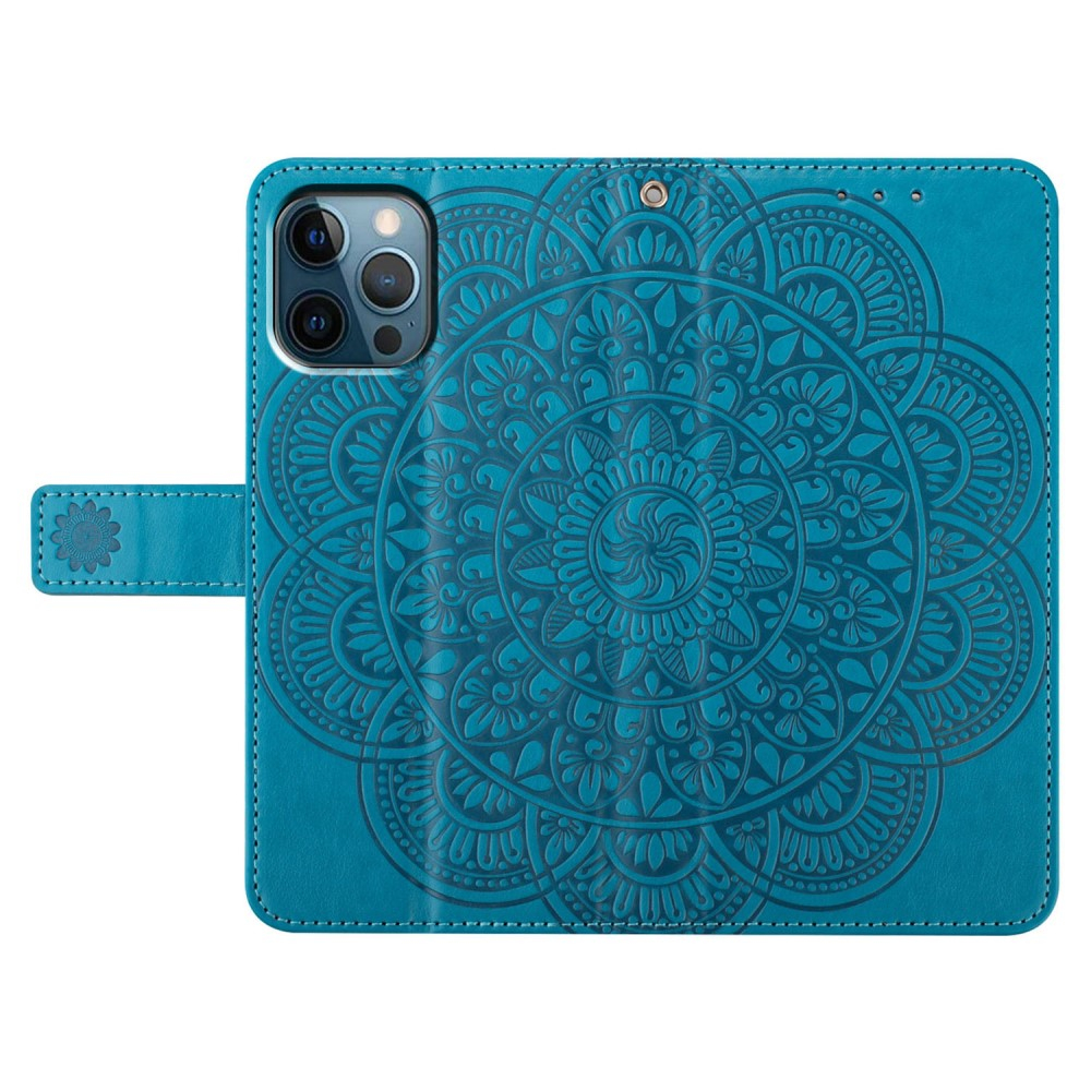 iPhone 16 Pro Leder Tasche Wallet - Mandala Flowers Imprint - Blau