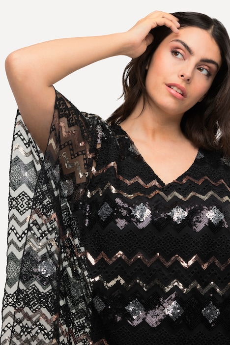 Bluse, doppellagig, Pailletten, V-Ausschnitt, Halbarm