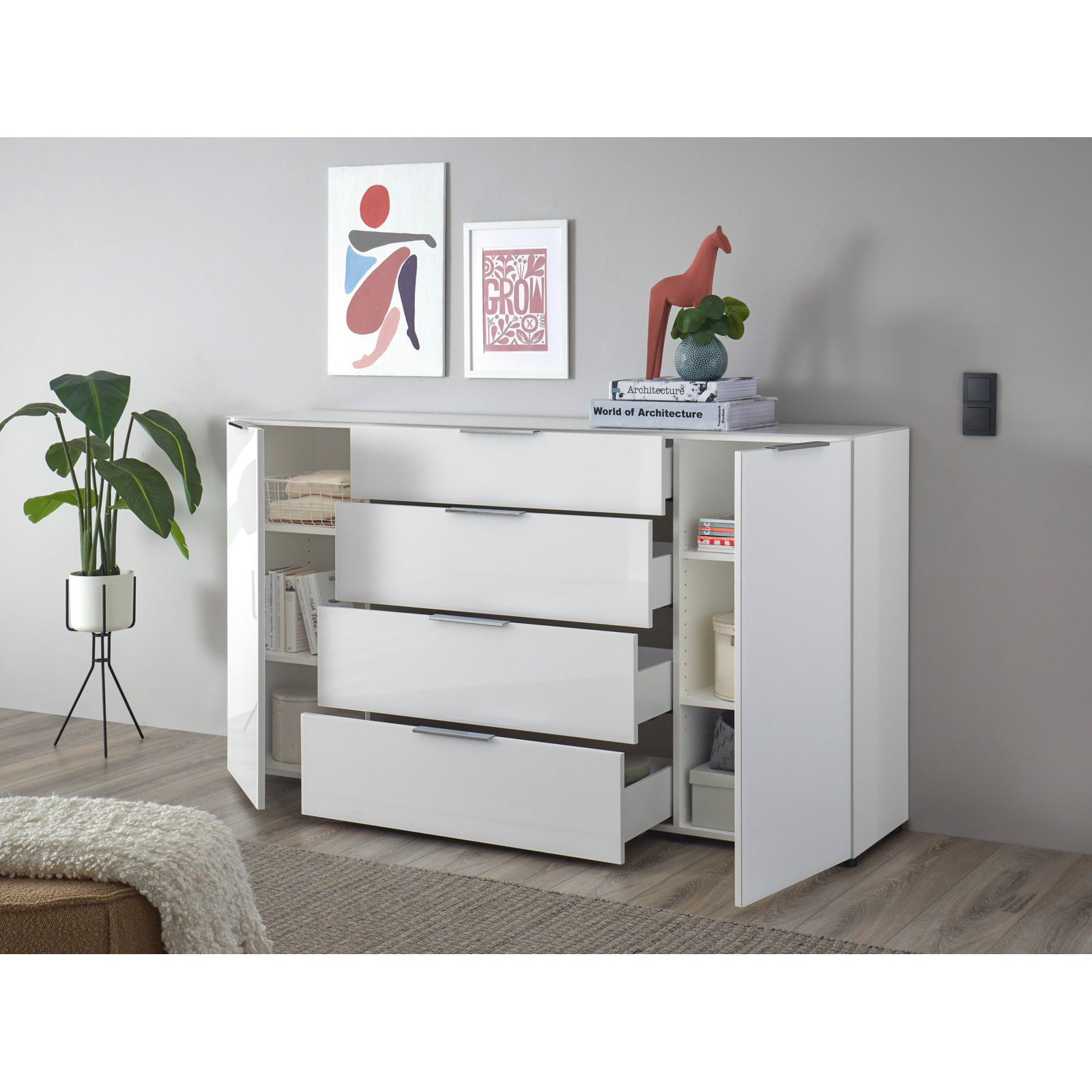 Sideboard Santo, Spanplatte Glas weiss, 180 x 99 x 40 cm