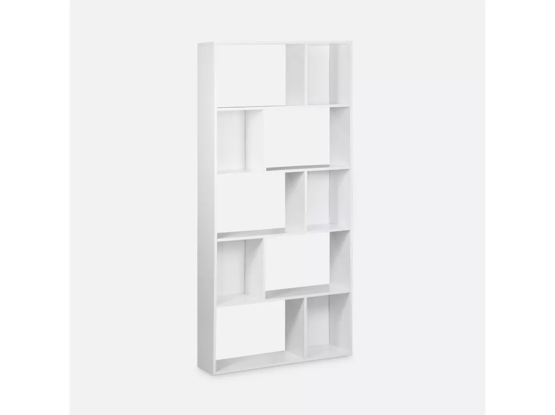 Bibliothèque design asymétrique – Pieter – 5 étagères. 10 compartiments de rangement. 83x23x173cm