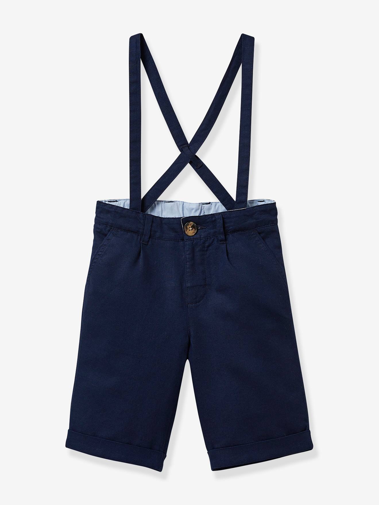 Bermuda formal infantil masculina CYRILLUS em linho/algodão, cor azul-marinho lisa.