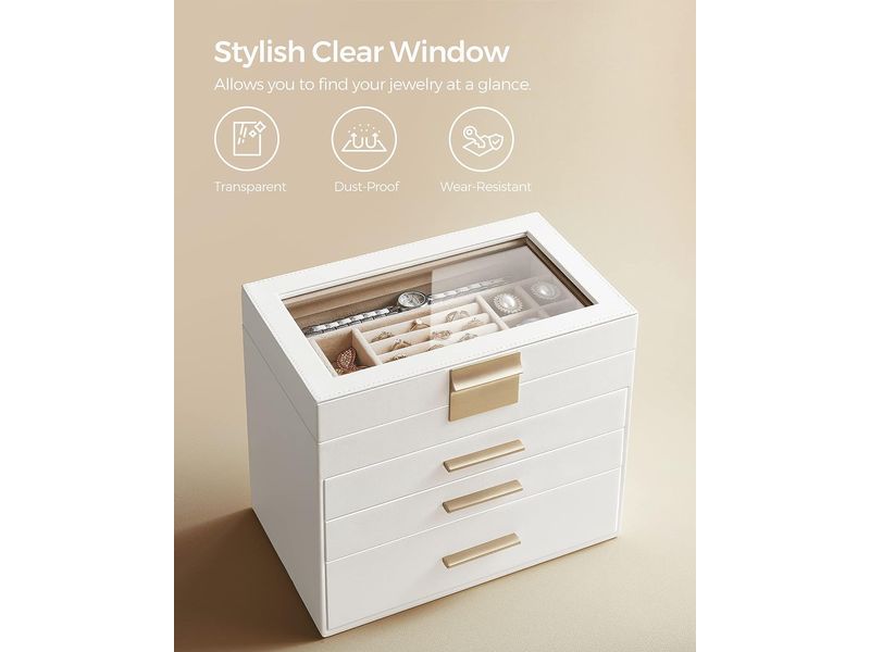 Songmics Schmuckschatulle mit Glasdeckel Weiss Schmuckkasten
