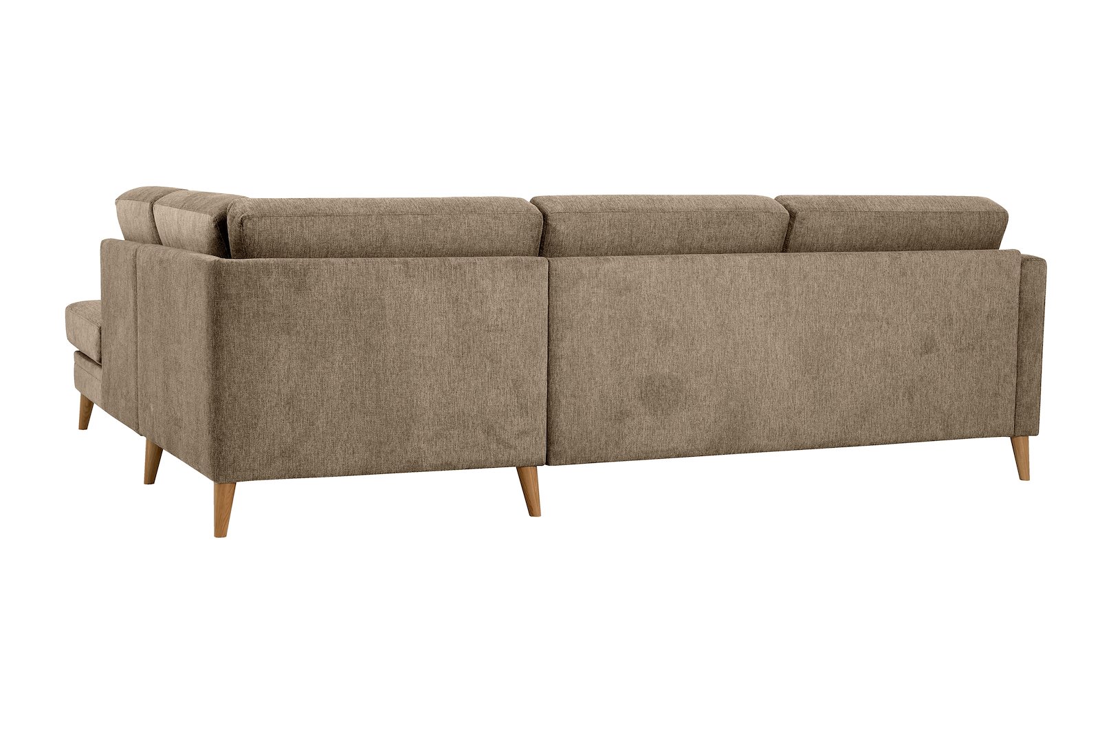 Eden hjørnesofa 2,5-seter med åpen ende høyre. Tekstil Brego 14 Latte med ben i eik natur (15137).