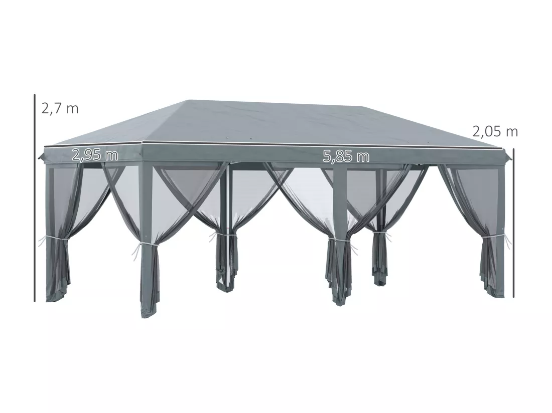Tonnelle barnum pliant style colonial dim. 5,85L x 2,95l x 2,7H m 6 moustiquaires sac de transport gris
