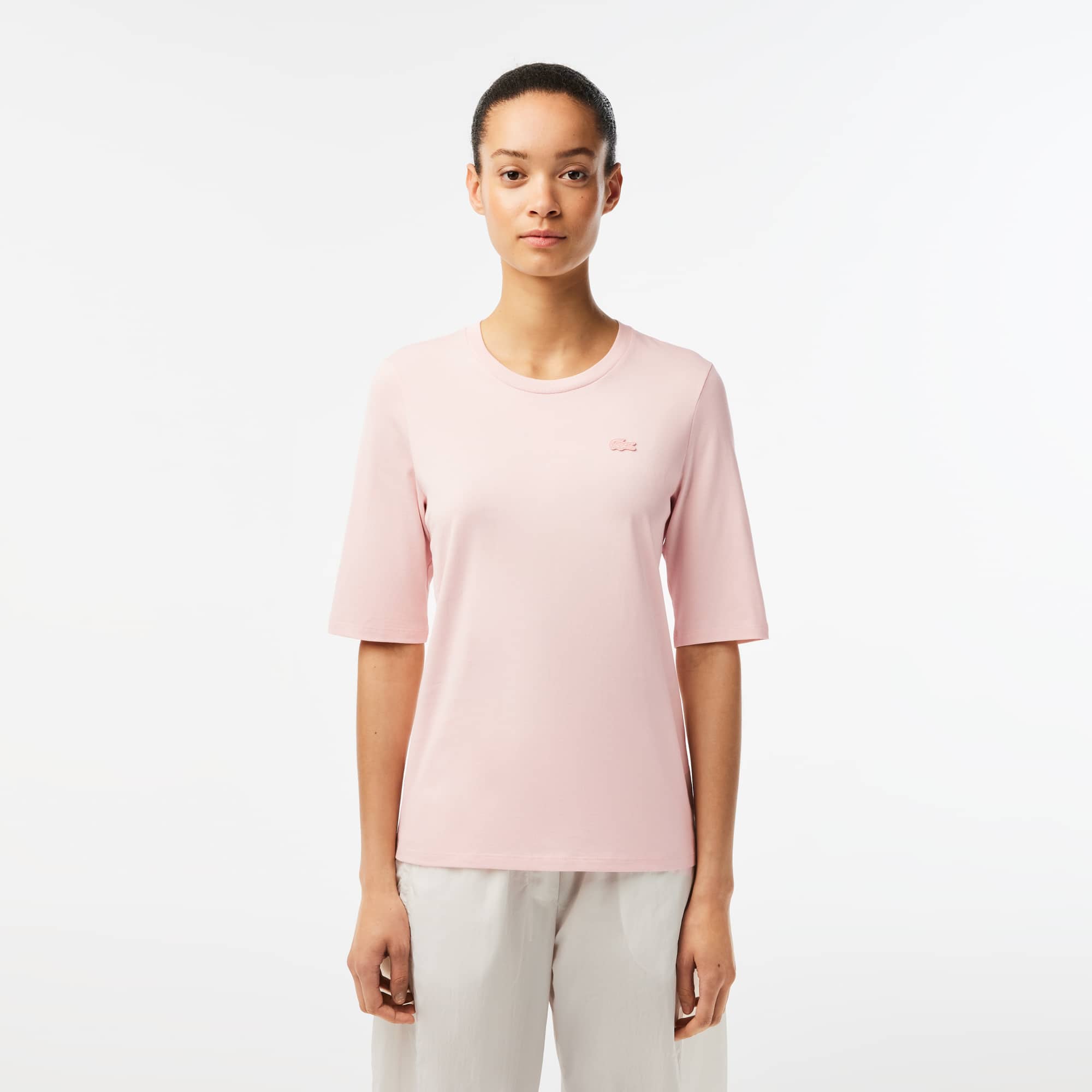 T-shirt à col rond et manches trois-quarts en coton uni T-Shirts - Rose - Lacoste - Femme