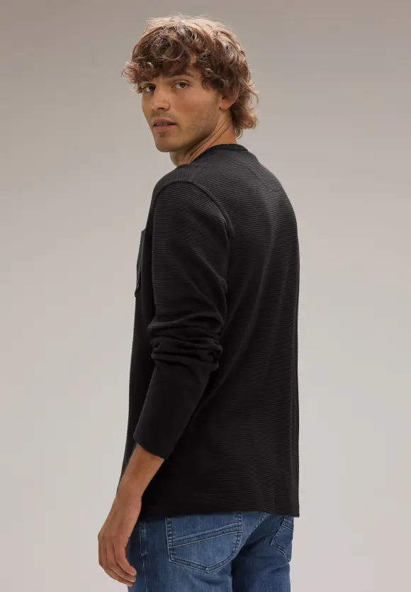 Waffelstruktur Langarmshirt - Black