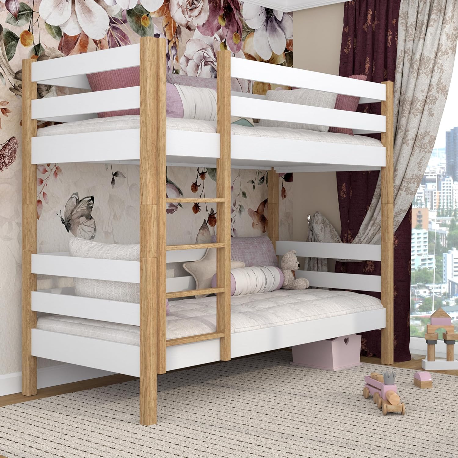 N01 Etagenbett, Kinderbett 90x200 cm, aus Eichenholz, 2 Leitermontageseiten, 2 getrennte Betten, sichere abgerundete Kanten, Stabile Massivholzkonstruktion, Hochwertige Materialien , Weißeiche