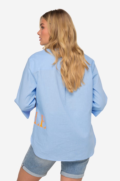 Leinenmix-Bluse, Rundhalsausschnitt, Brusttasche, Schriftzug, 3/4-Ärmel