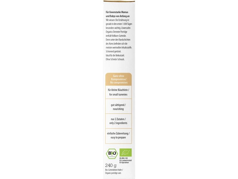 löwenzahn organics Getreidebrei Porridge Hafer Pur 240 g Glutenfreier Baby Porridge