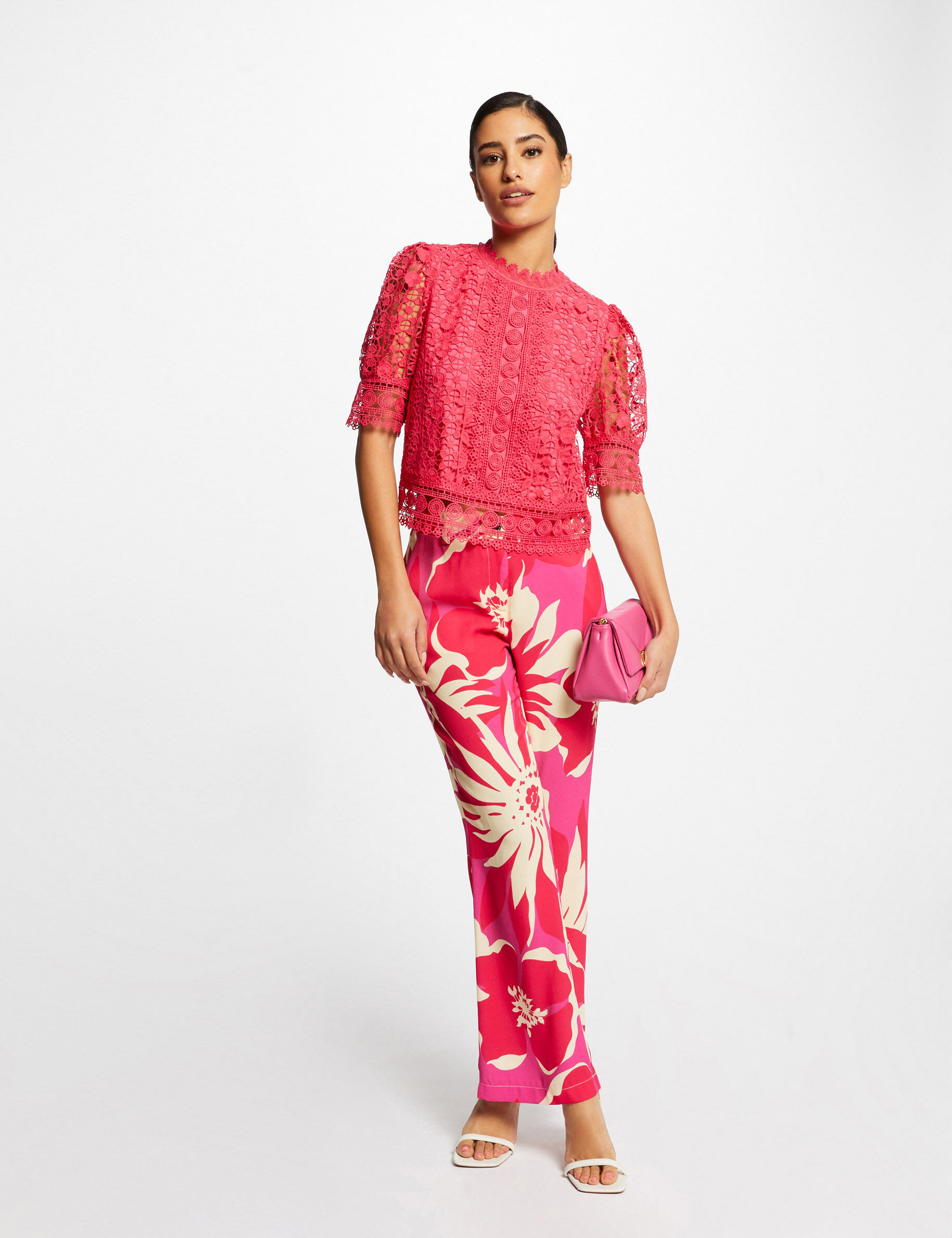 Blouse manches courtes en dentelle rose moyen femme - rose_moyen