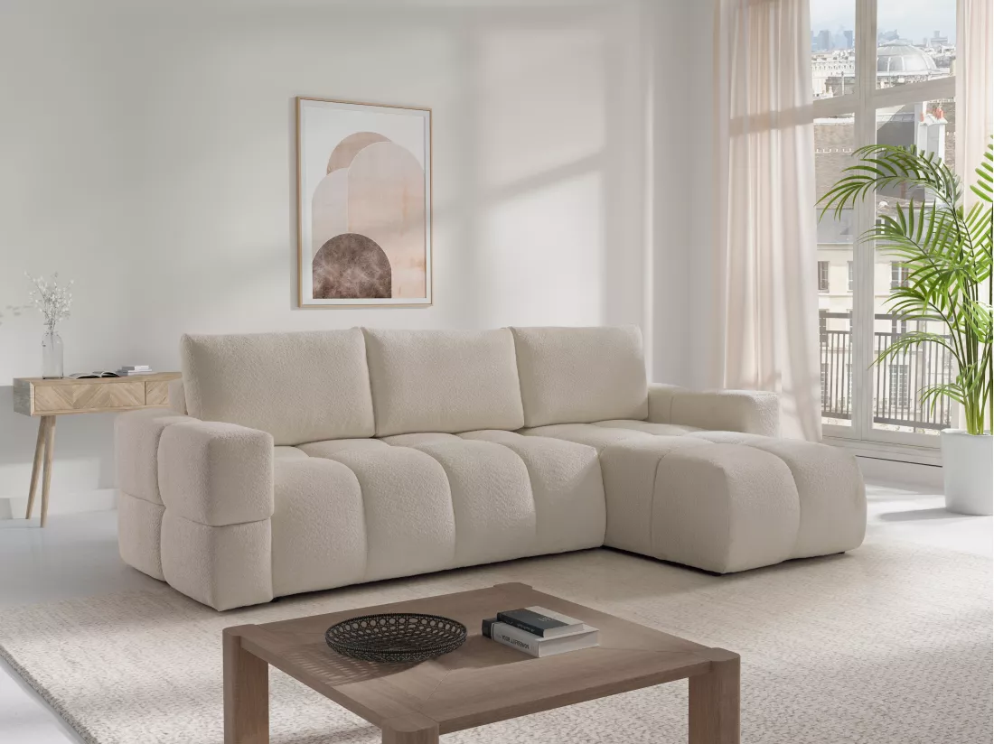 Canapé d'angle réversible convertible en tissu bouclette beige ISSORO II
