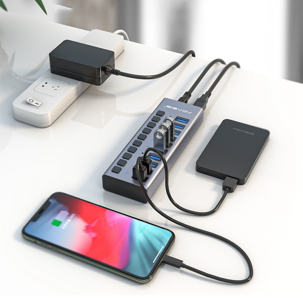 (15cm) 10-fach  Aktiver Aluminium USB 3.0 Hub Steuerung Tastenschalter 5GB/s   Netzteil (12V/4A) - Grau