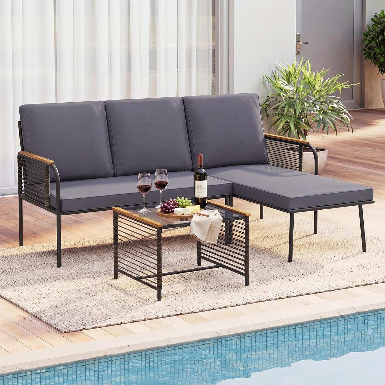 COSTWAY Lounge Möbel Outdoor, Polyrattan Gartenlounge mit Tisch und Kissen, Gartenmöbel Set, Balkonmöbel, Terrassenmöbel, 3-teilige Sitzgruppe, Sitzgarnitur für Garten, Terrasse, Balkon