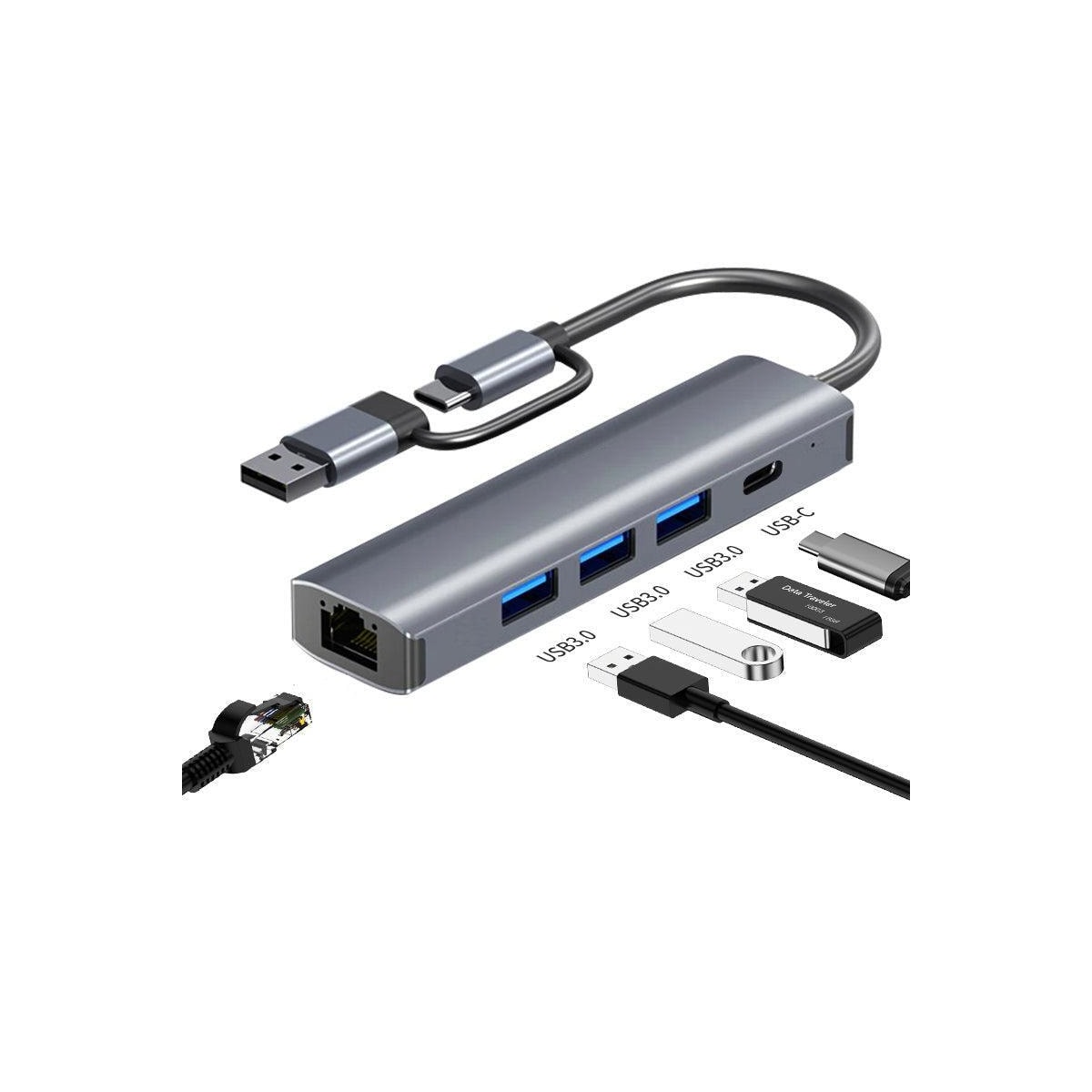 NÖRDIC USB Hub USB-C eller A til 3xUSB-A 3.0 1xUSB-C 5Gbps 1xRJ45 Giga LAN