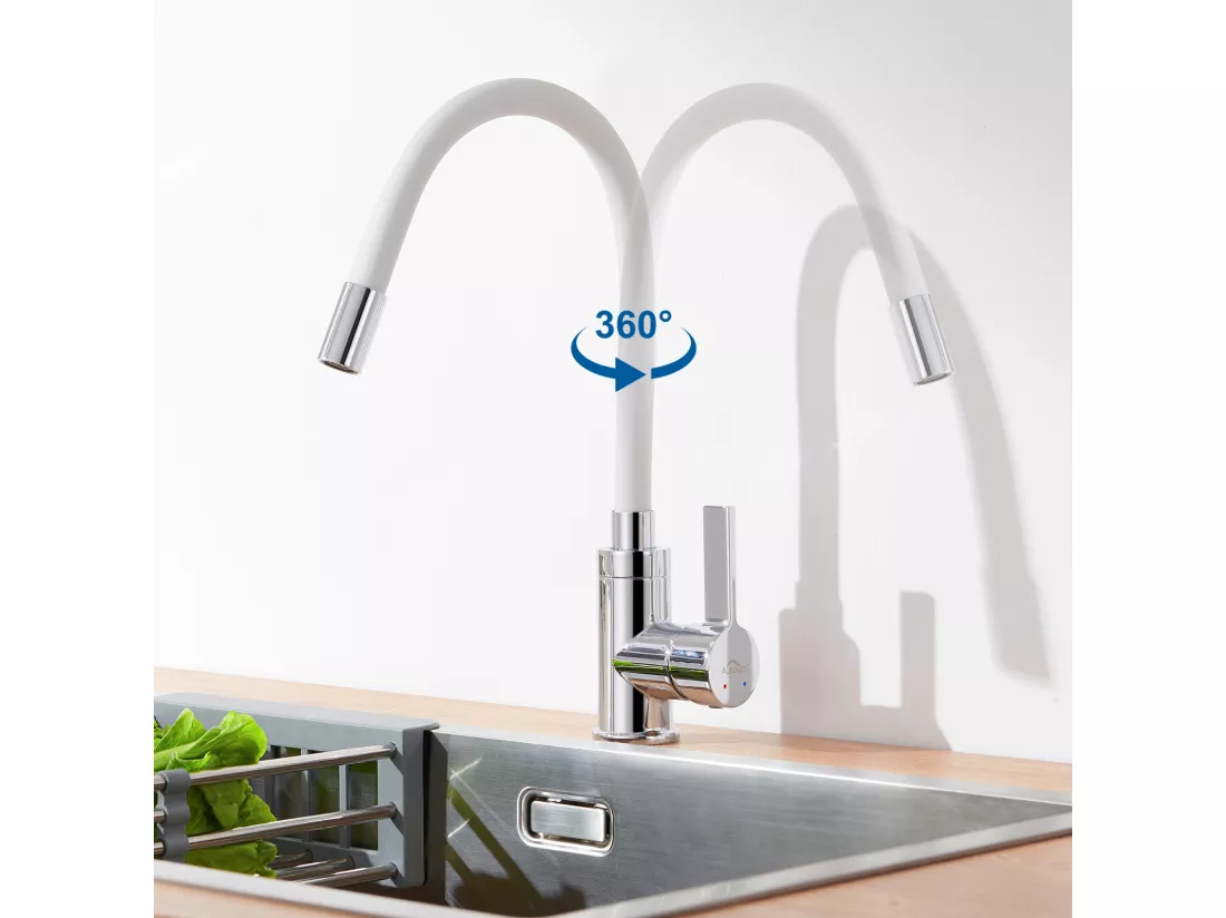 2pcs Robinet de Cuisine Flexible Bec Haut Orientable Librement Mitigeur Évier Laiton Robinet Evier Monotrou à Eau Chaude et Froide,Blanc