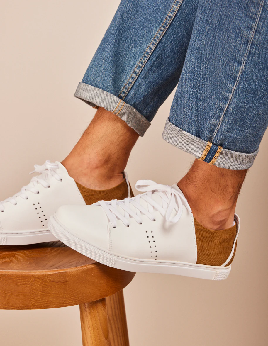 Baskets basses René - Cuir blanc et velours côtelé beige
