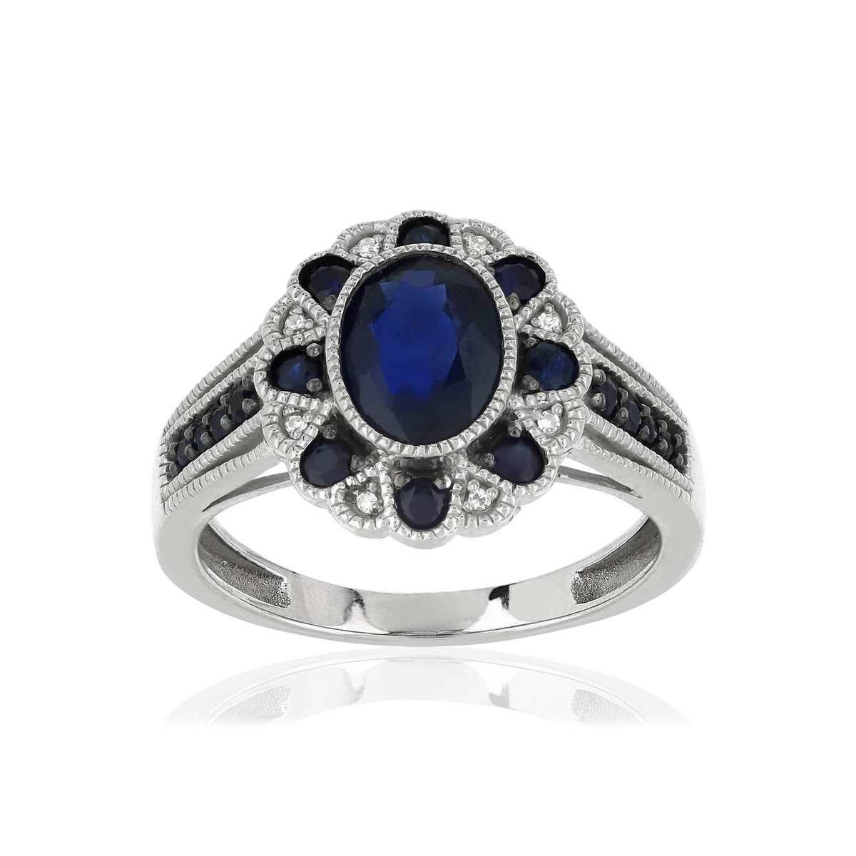 Bague or 750 blanc fleur saphirs et diamants