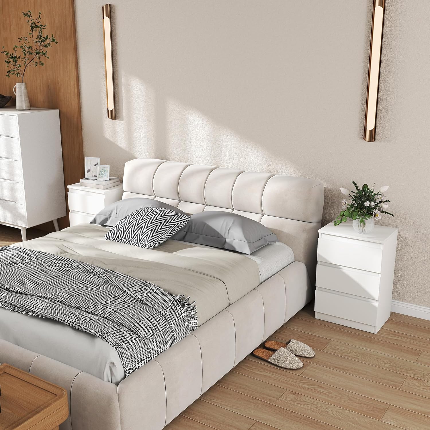 HOMCOM Nachttisch, 2er Set Beistelltisch mit 3 Schubladen, Nachtschrank, Nachtkommode für Schlafzimmer, Wohnzimmer, 40 x 30 x 59,5 cm, Weiß