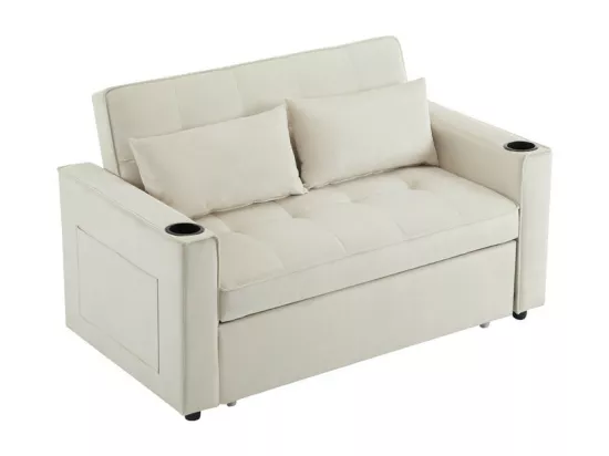 Canapé convertible en Velours - 2 places - avec 2 oreillers, poches d'accoudoir, porte-verres - Dossier inclinable - 137x76.5x83cm