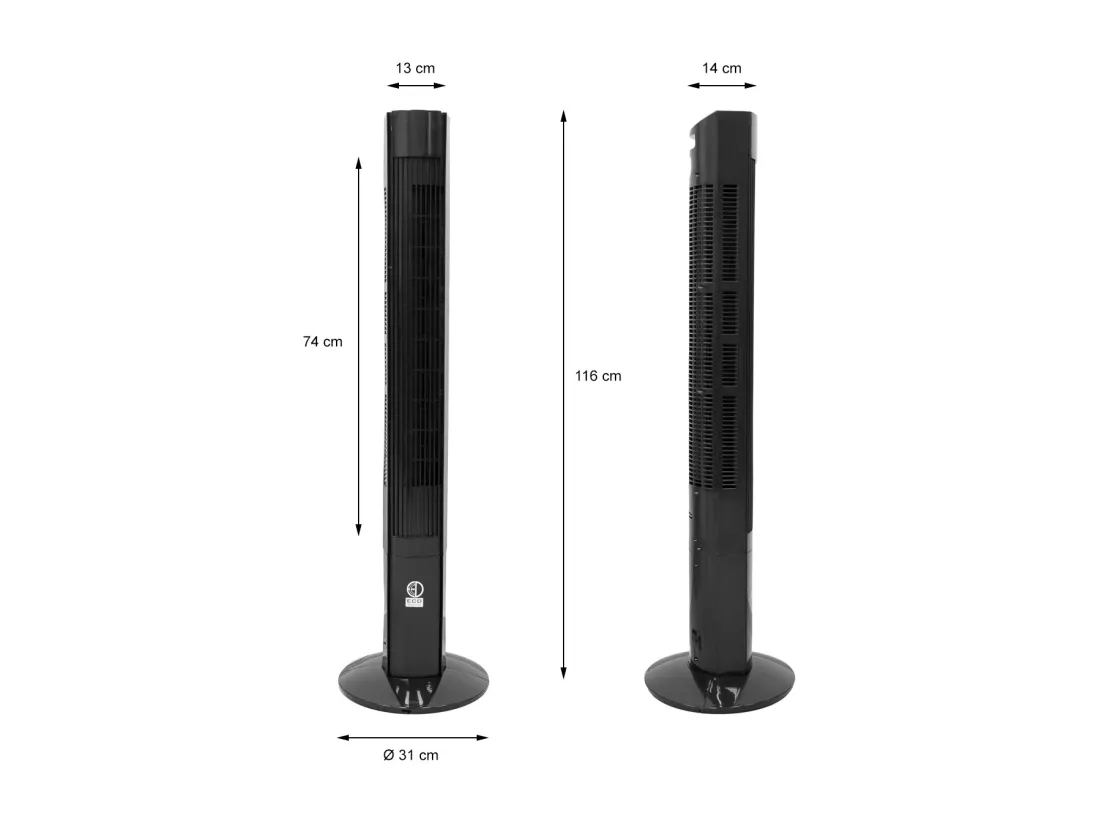 Ventilateur colonne tour oscillant sur pied 116cm piédestal noir +télécomande