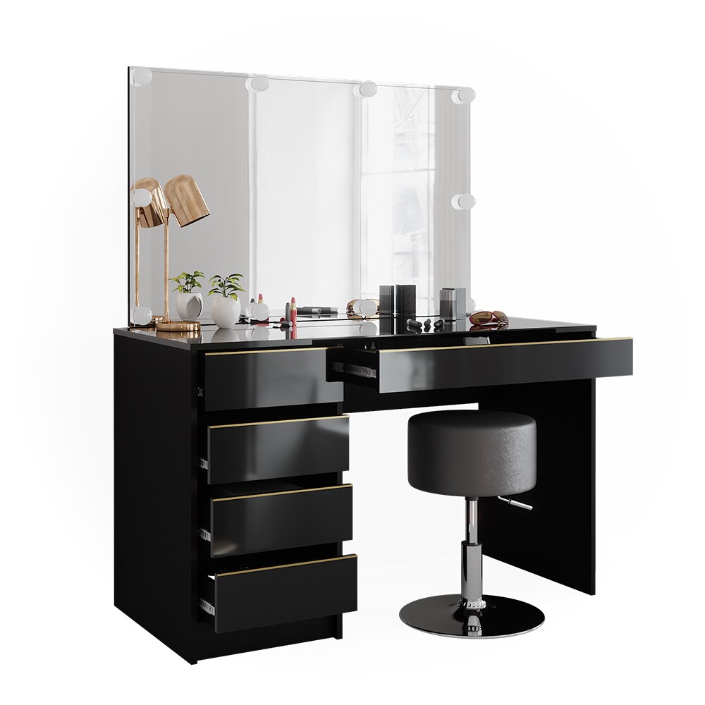 Vicco Schminktisch Sherry Schwarz Hochglanz Gold 120 x 75 cm 5 Schubladen Spiegel Hocker LED