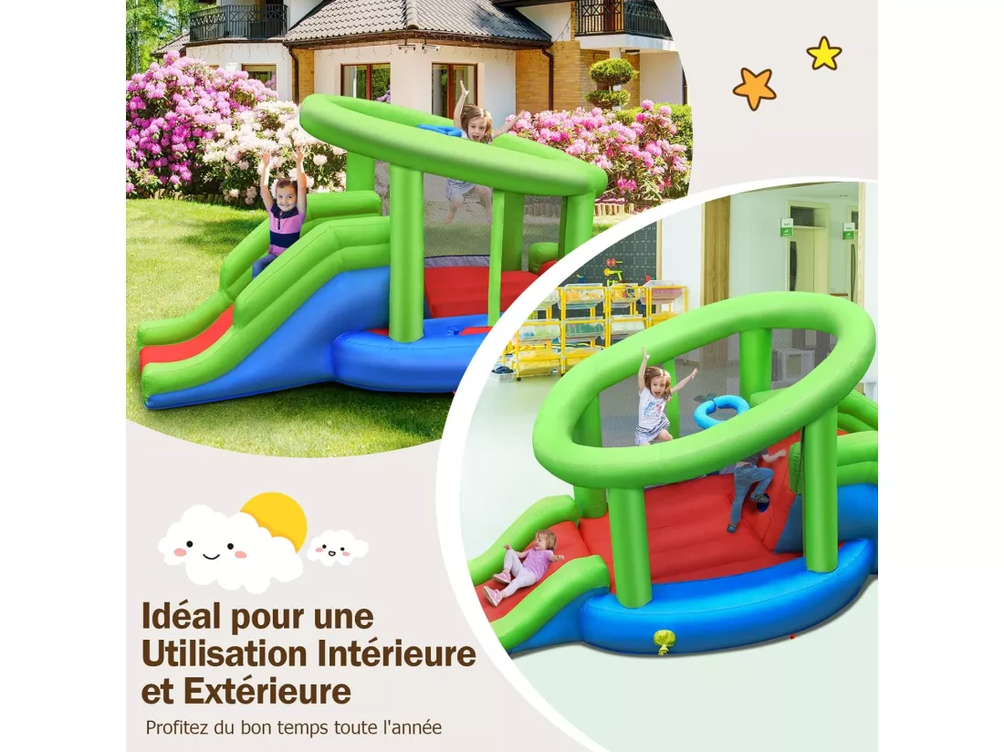 Château Gonflable en Forme de Escargot avec 2 Toboggans, Maison de Rebond Gonflable avec Mur d'escalade, Panier de Basket, Charge 135 kg pour 2 Enfants de 3-10 Ans（sans souffleur)