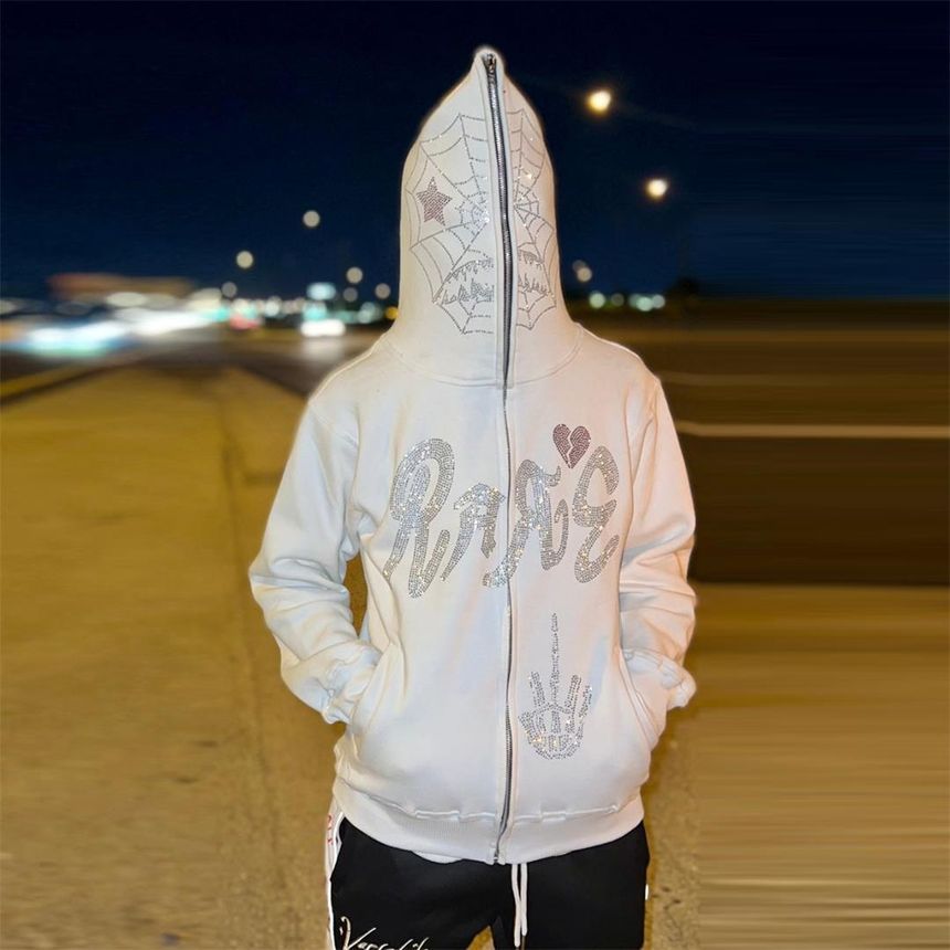 Wanderstar - Spinnenweb Letters Skelet Hand Strass Hoodie met Rits