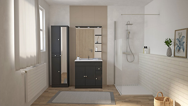 Ensemble meuble de salle de bains l.80 cm avec vasque et miroir + colonne l.50 cm coloris gris anthracite Atrato