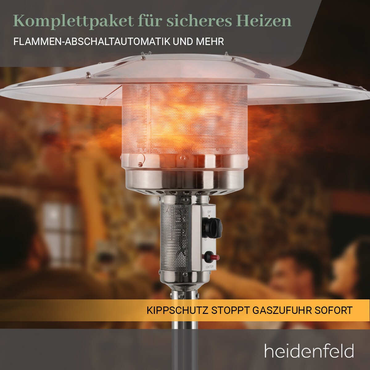 Heidenfeld Heizpilz Inferno GH400/500, Gasheizstrahler, stufenlos, 5-14kW, Kippschutz, Piezo-Zündung (Schiefergrau )