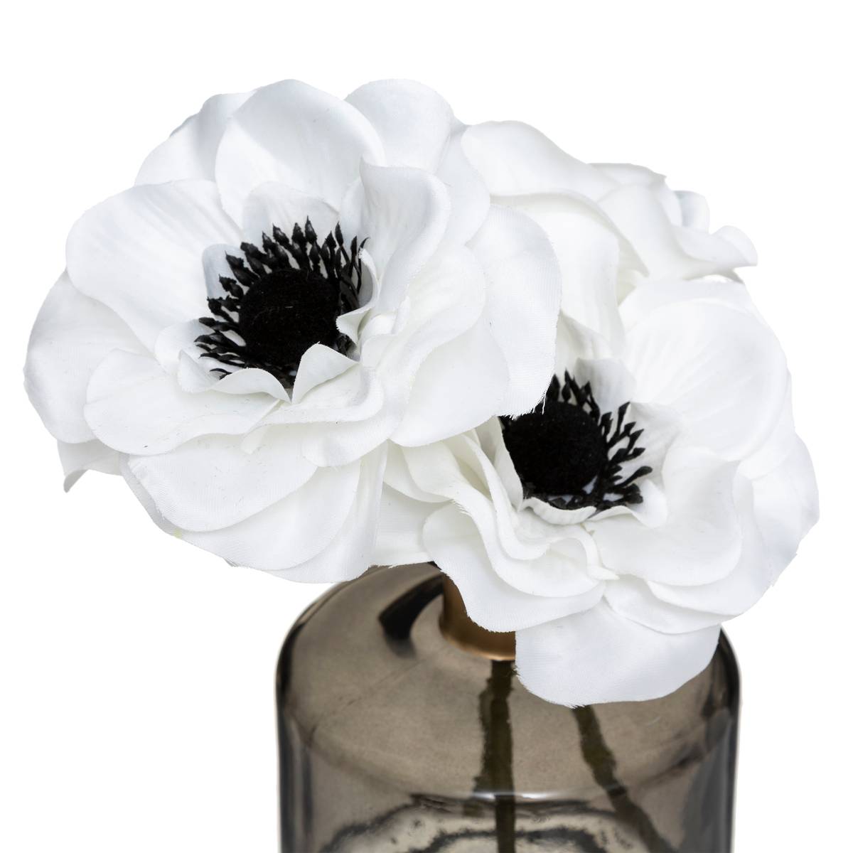 Bouquet d'anémones artificielles vase en verre coloré d. 9,5 x h. 20 cm