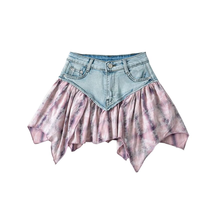 Firebird - Laag uitgesneden denim minirok met geruit paneel