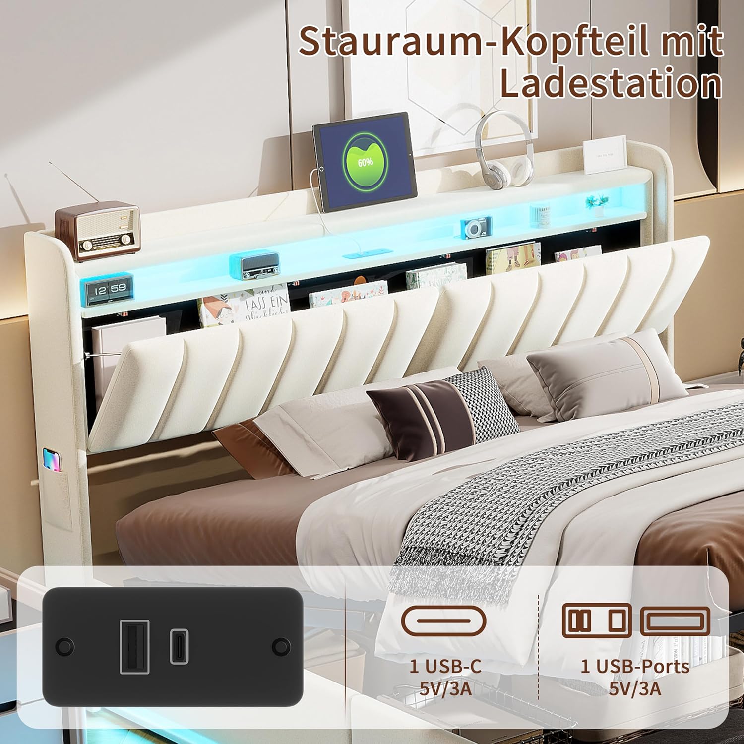 Polsterbett 140x200 mit Stauraum, Doppelbett mit LED/USB, Hydraulisch Stauraumbett, Jugendbett mit kopfteil und Lattenrost, Bettrahmen für Erwachsene, Samt (Beige, 140 x 200 cm)