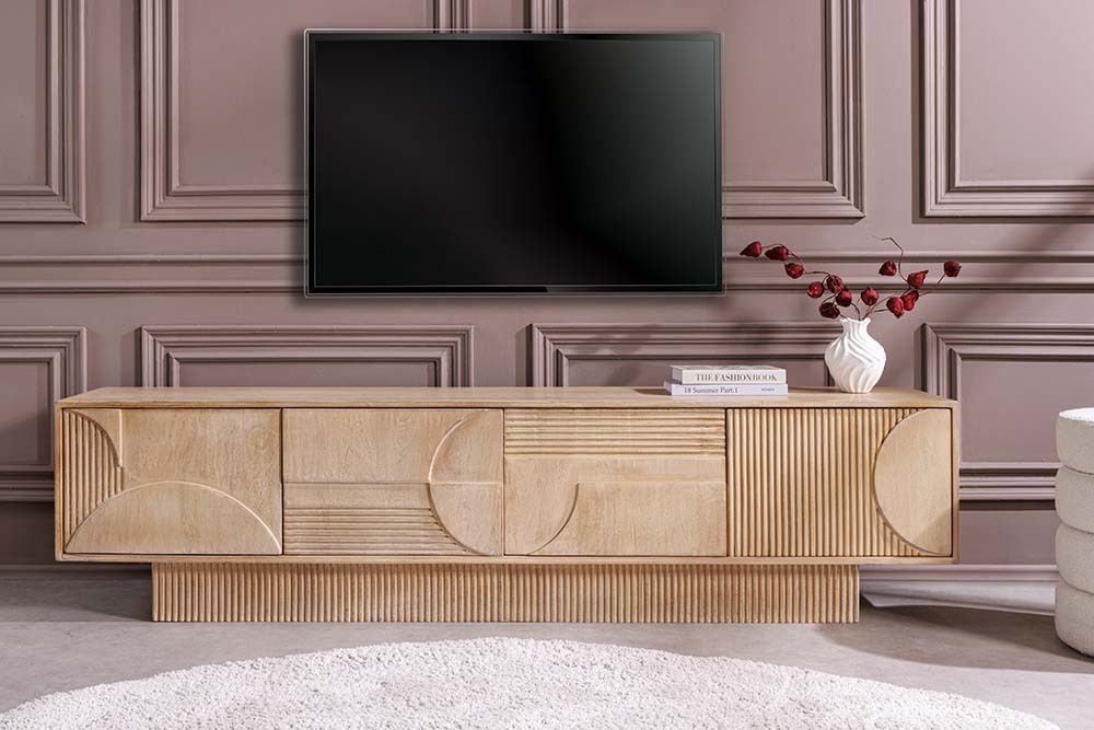Massives TV-Board ART DECO 200cm weiß gekälkt Mangoholz 3D-Front handmade Lowboard
