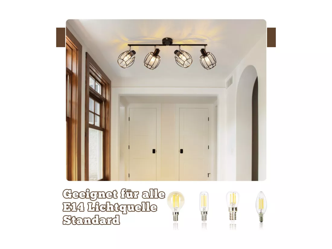 Lot De 4 Spots De Plafond En Cristal Noir Vintage E14 Pour Couloir, Pivotant à 350°, Industriel