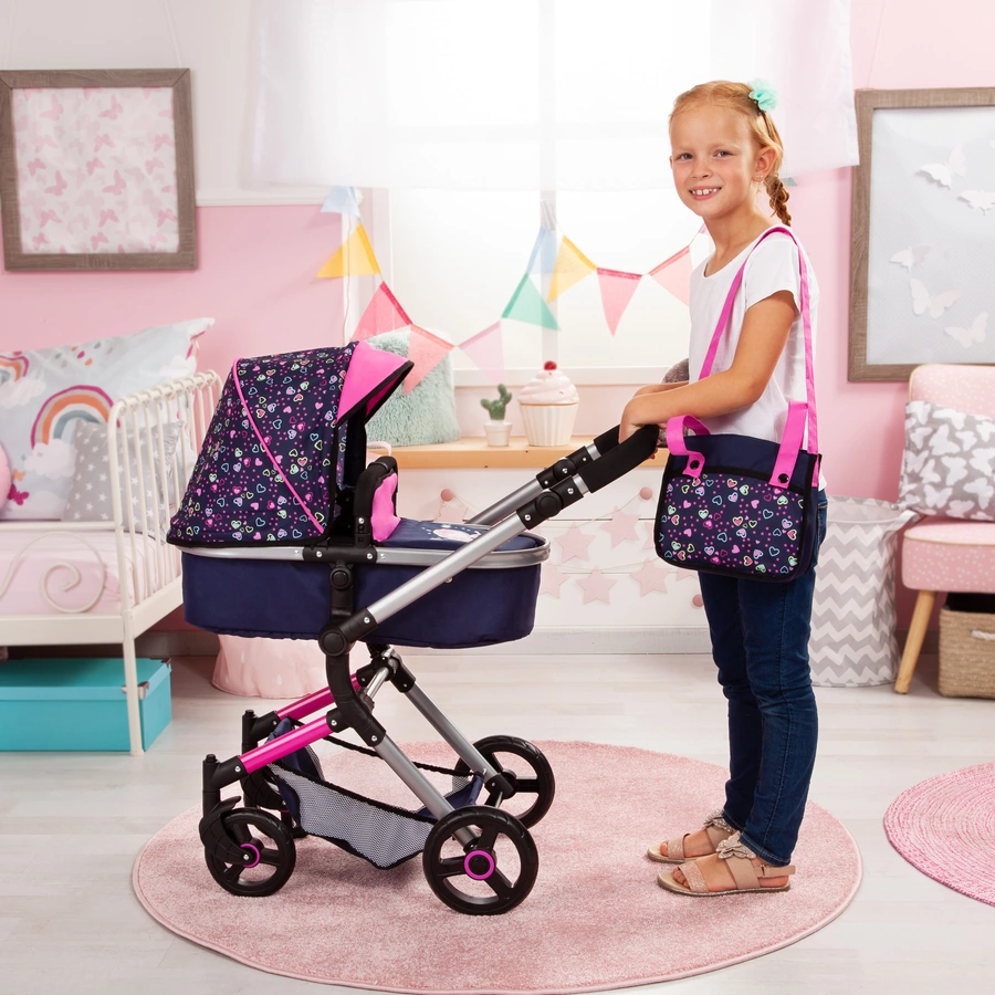 bayer Design Kombi-Puppenwagen Neo Vario herzchen blaupink mit Herzen und Meerjungfrau