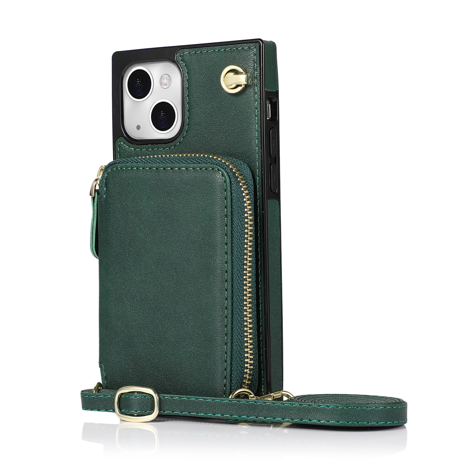 iPhone 13 Necklace Leder Schutz Hülle mit Kartenfächer   Handykette (140cm) - Grün