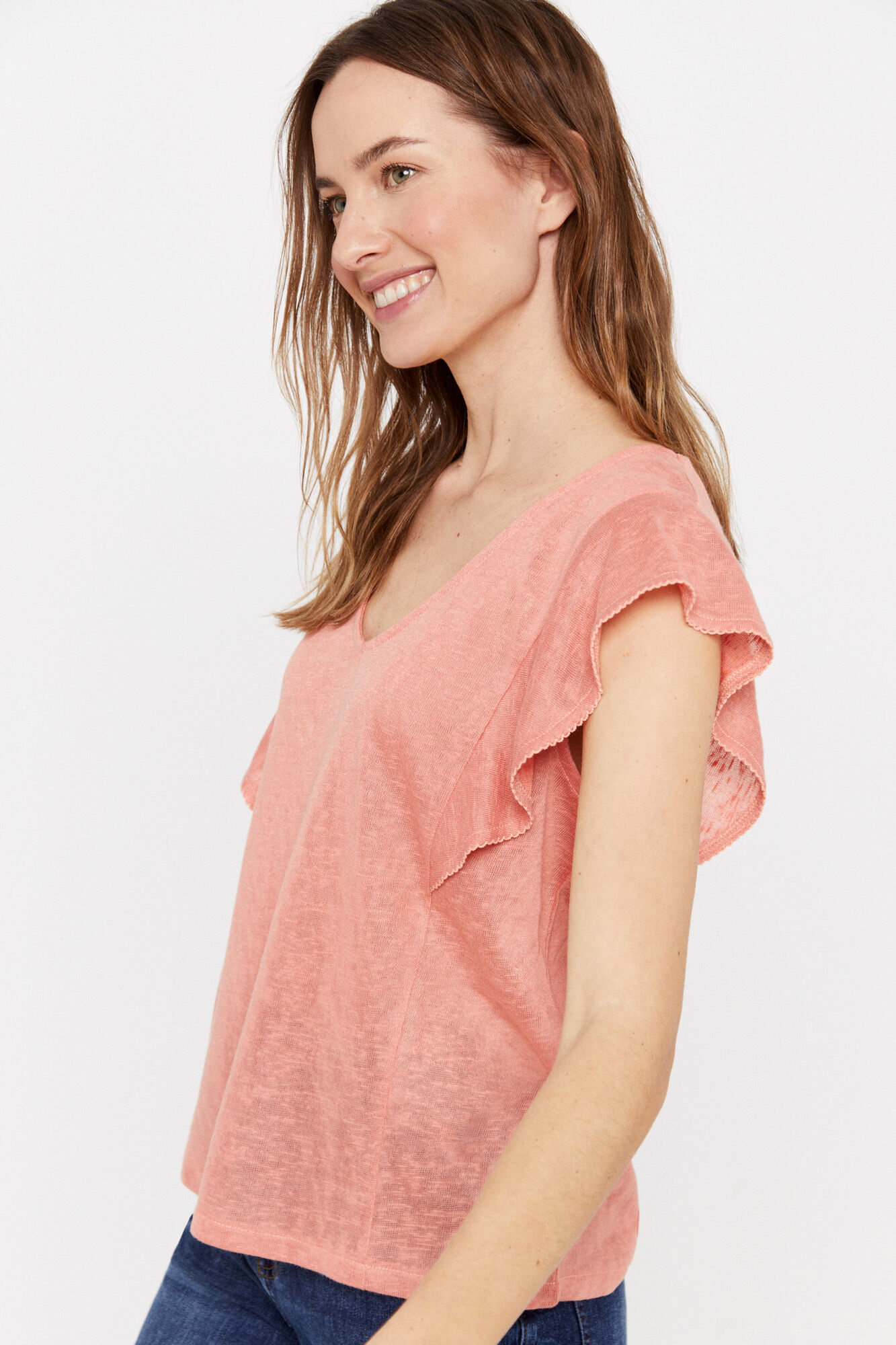 Camiseta com babados e efeito linho - Laranja
