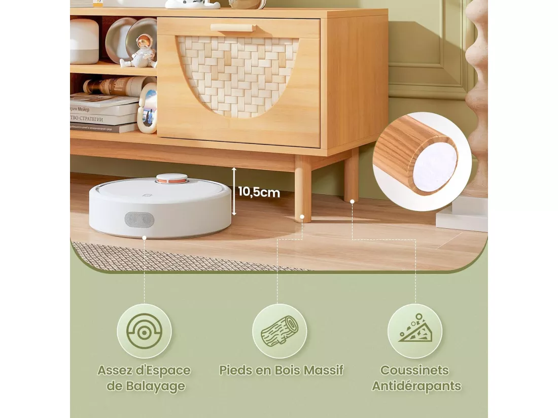 Meuble tv en bois, 2 tiroirs, 2 etagères, 2 passe-câbles, 55