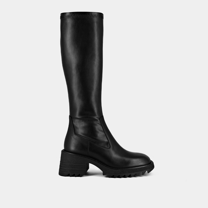 Bottes à semelles crantées et bouts carr...  en cuir stretch noir