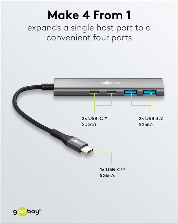 Slim 4-Port USB-C Multiport Adapter HUB mit 2x USB 3.2 / 2x USB-C 5 Gbit/s (76563) - Hellgrau