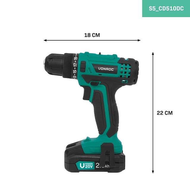VONROC Bore- / skruemaskine 20V | Inkl. 2.0Ah Akku, Oplader og 46 Tilbehør i Premium Kuffert